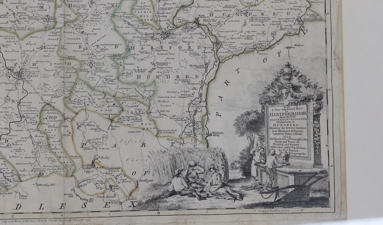 Thomas Kitchin, coloured engraving, A New and Improved Map of Hartfordshire (sic), sold by J. Hinton, London, 1749, 55 x 67cm